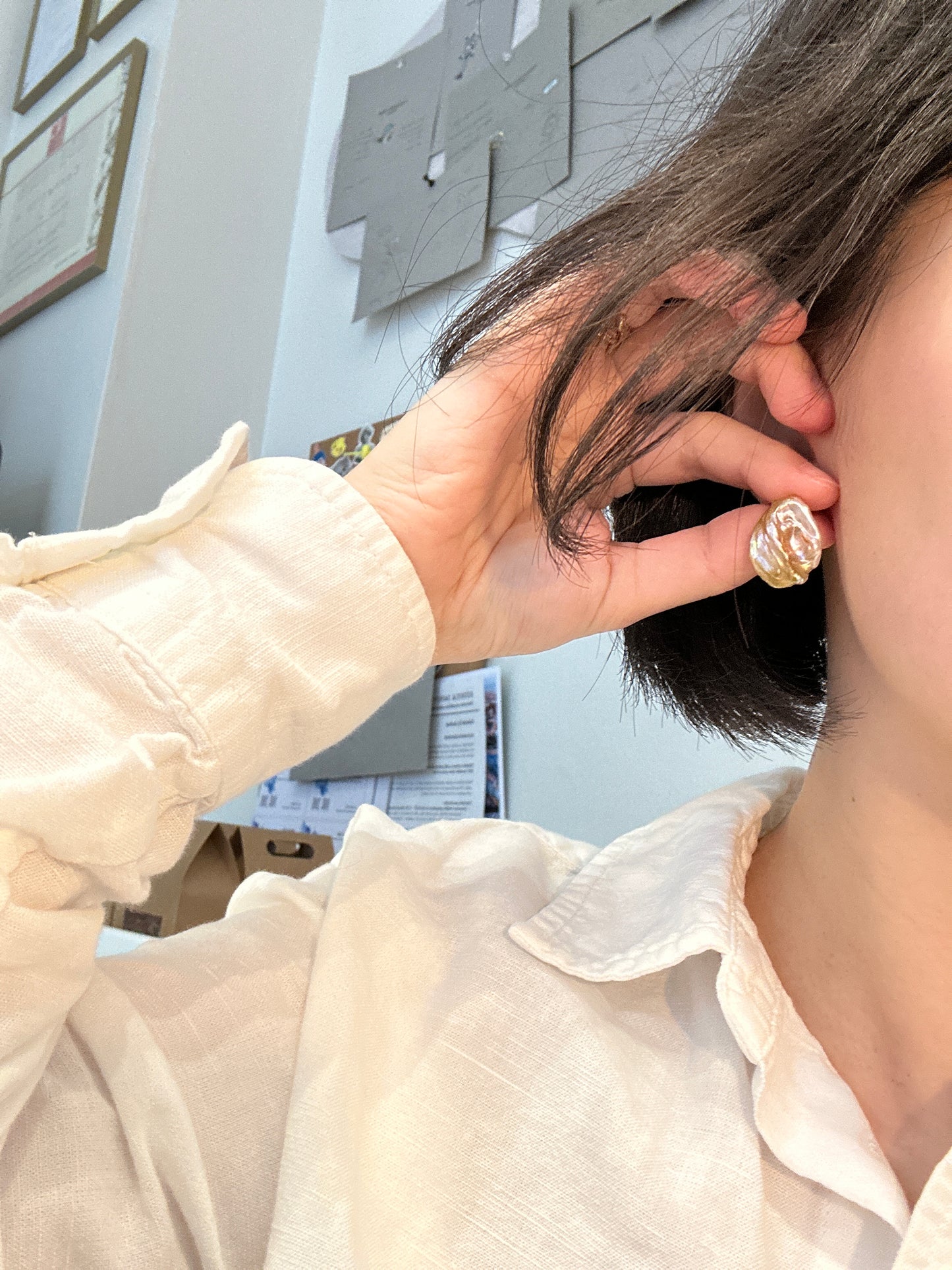 Golden petal pearl earrings