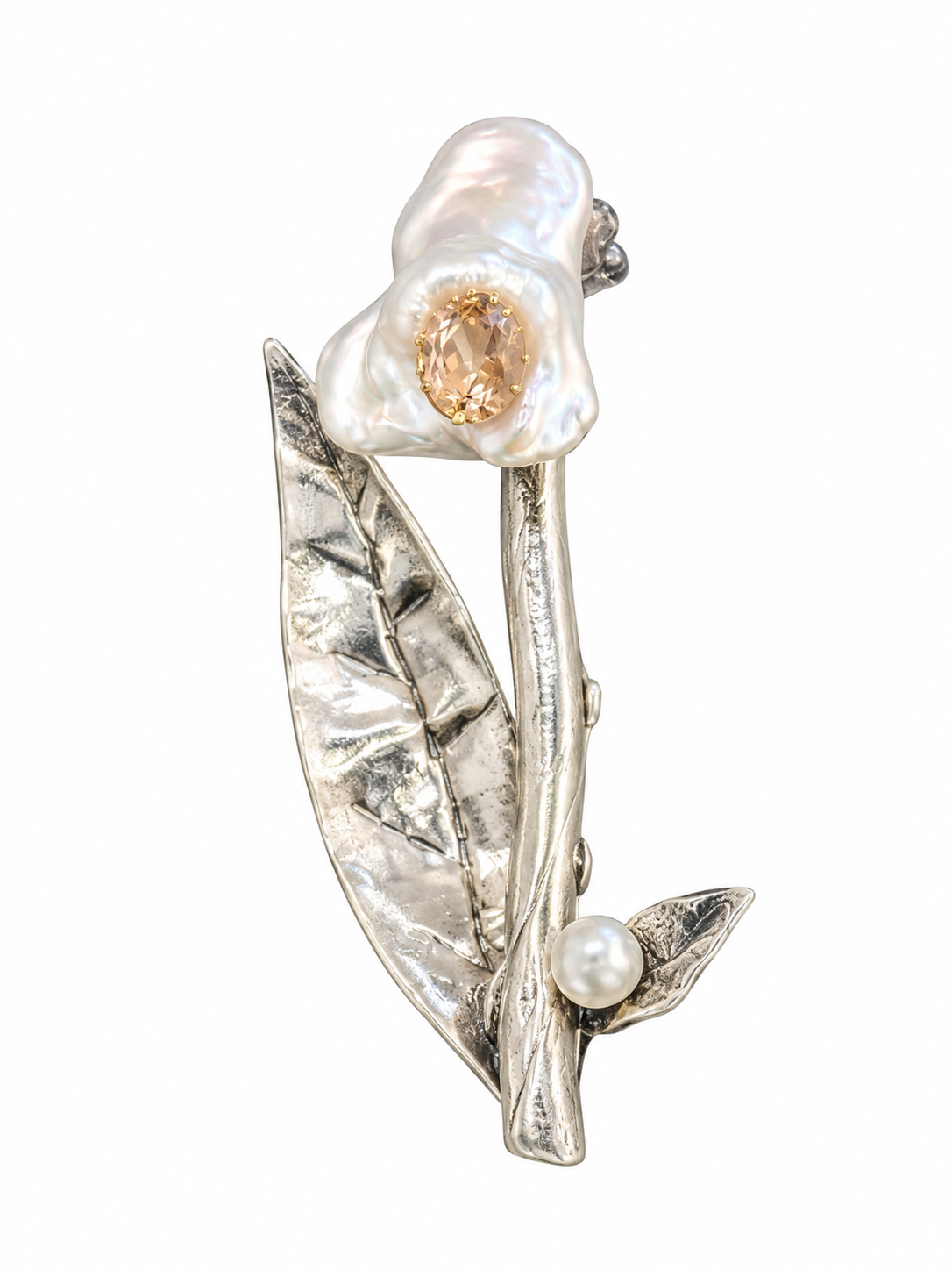 Handmade S999 fine silver botanical brooch with baroque pearl and citrine by Always Like