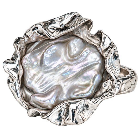 Handmade S999 fine silver Petal Pearl ring