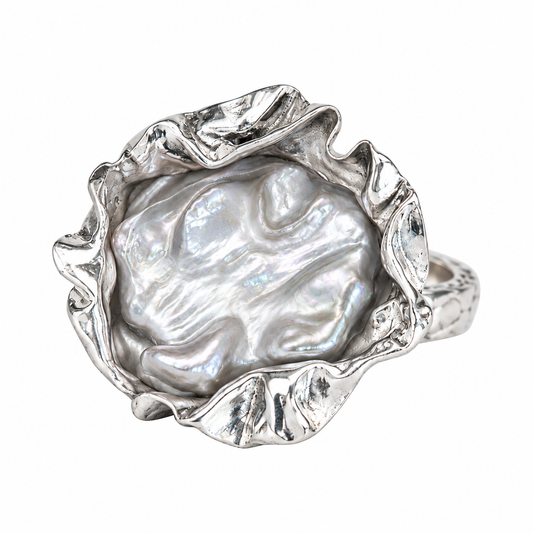 Handmade S999 fine silver Petal Pearl ring