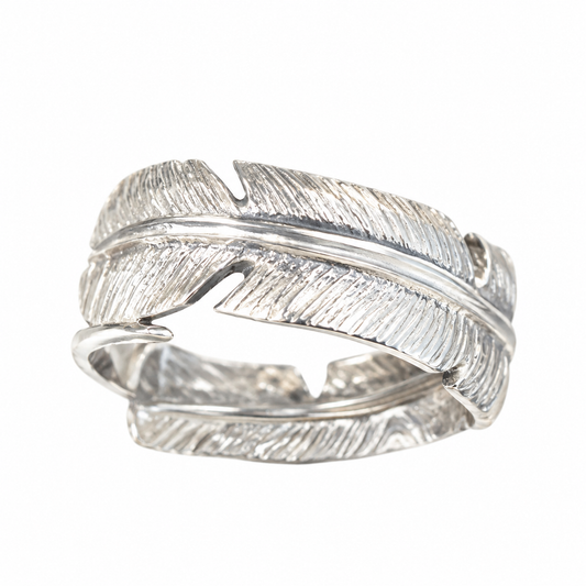 Handmade S999 fine silver feather ring
