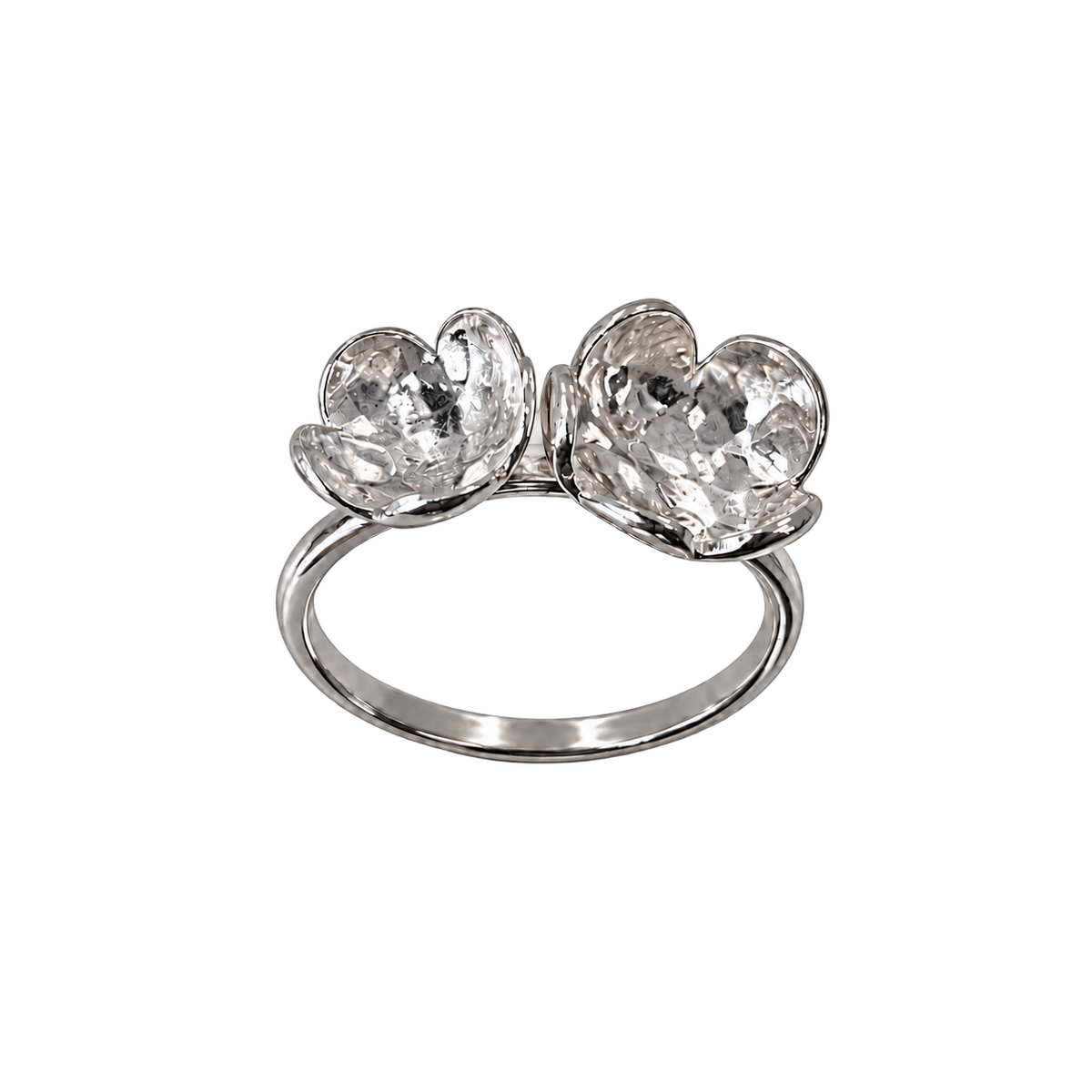 Twin Blossom fine silver ring with neutral silver reflections on white